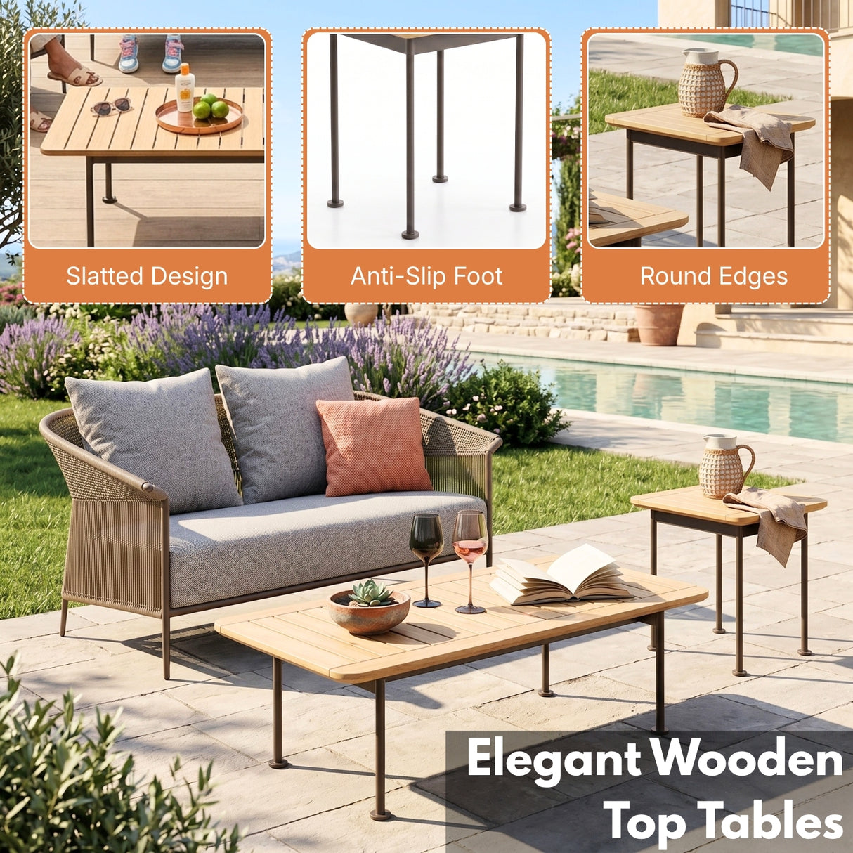 Outdoor Rope Patio Sofa Set with Cushions & Wooden Top Tables