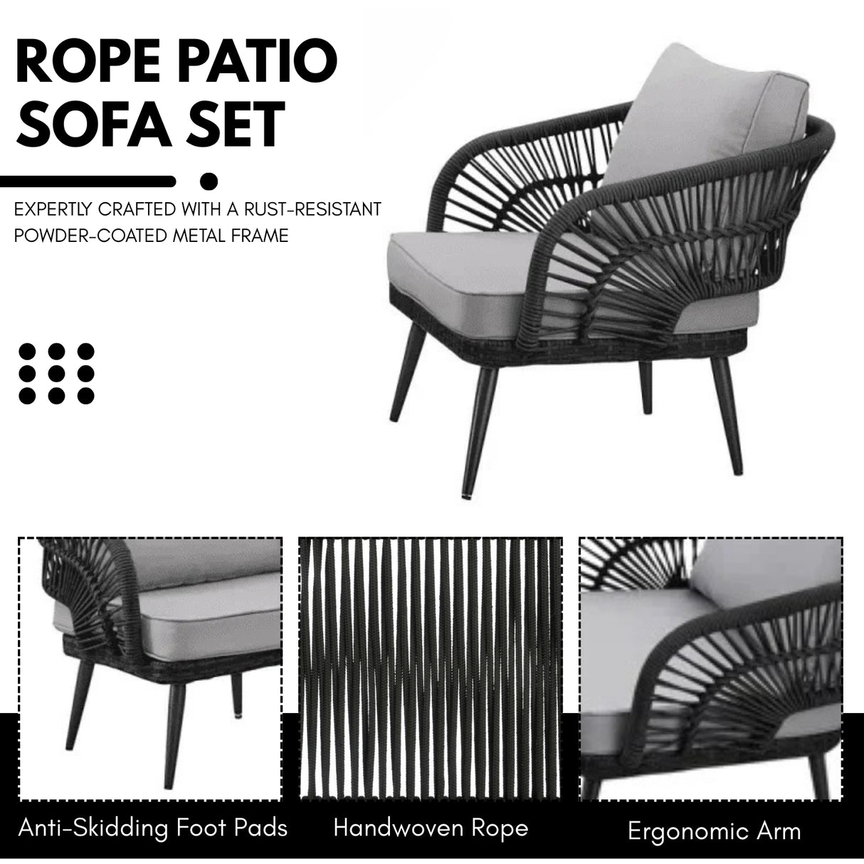 Outdoor Rope 4-Piece Patio Sofa Set with Glass Top Table (Black/Light Grey)