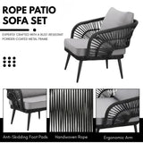 Outdoor Rope 4-Piece Patio Sofa Set with Glass Top Table (Black/Light Grey)
