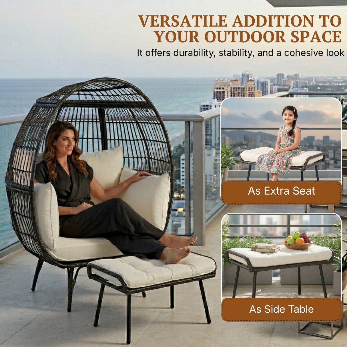 Outdoor Wicker Egg Chair with Ottoman (Black & Off-White)