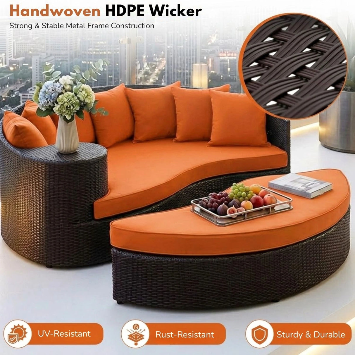 Outdoor Rattan Wicker Daybed (Dark Brown & Orange)