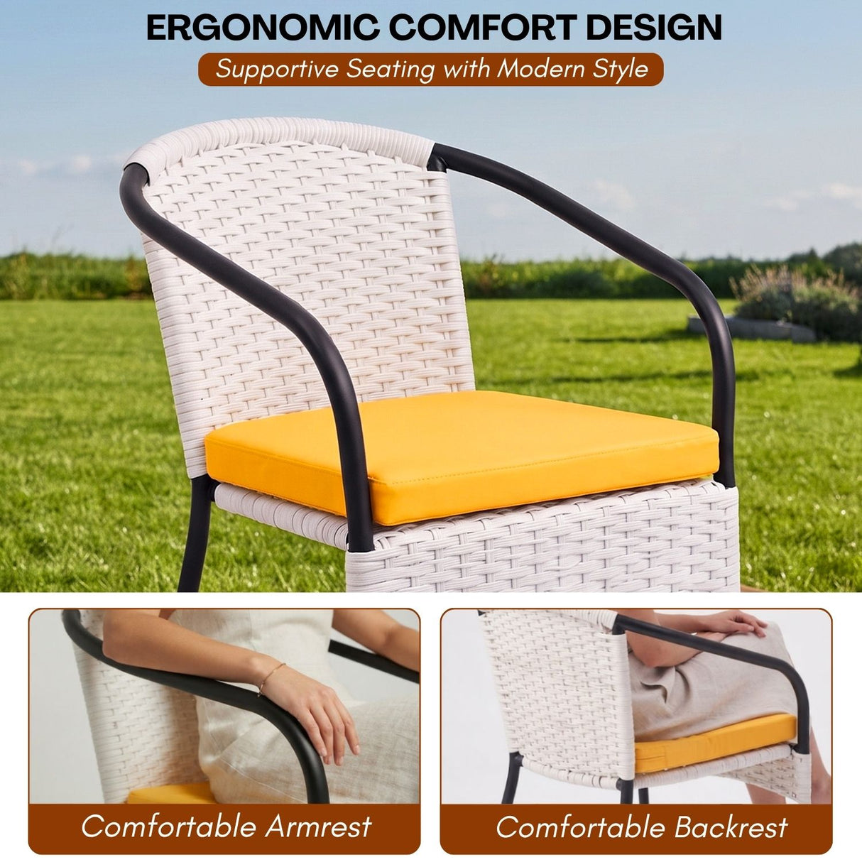 3 Piece Outdoor Wicker Patio Furniture Set (White & Yellow)