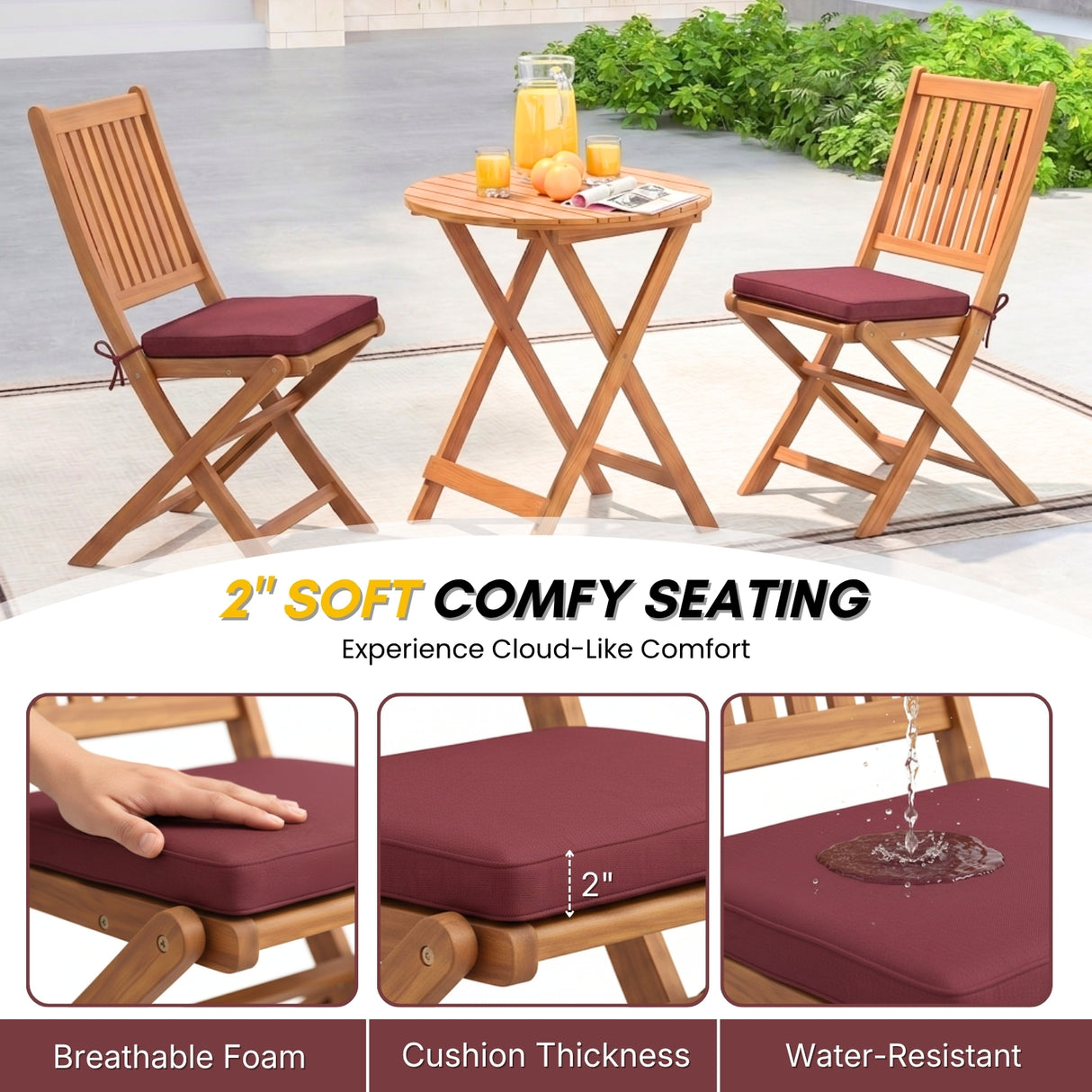 Acacia Wood Foldable Outdoor Bistro Set – 2 Chairs & Round Table
