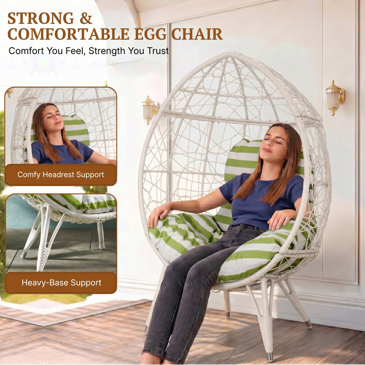 Outdoor White Rattan Lounge Accent Egg Chair