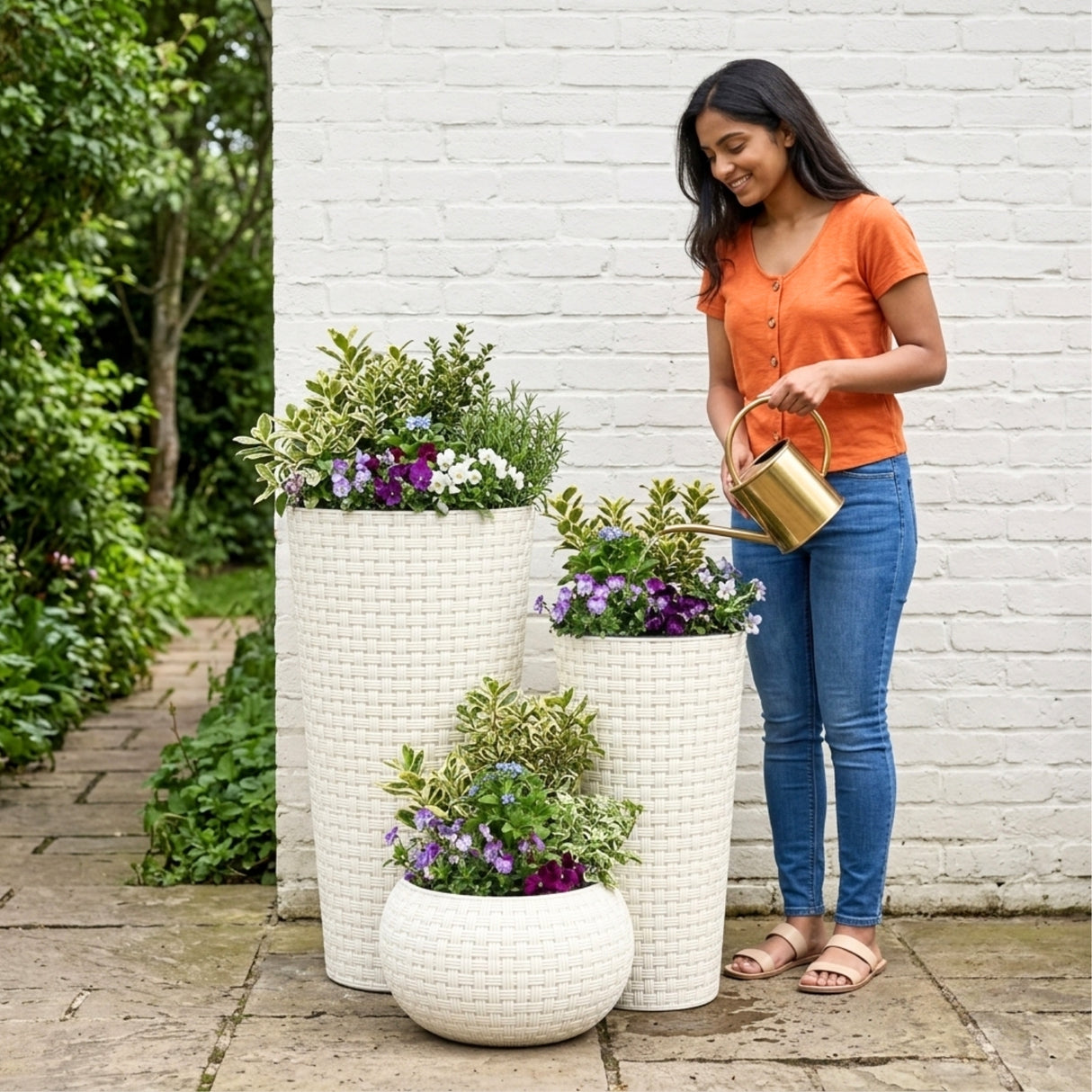 Outdoor Handwoven Rattan Wicker Planter Set of 3 (White)