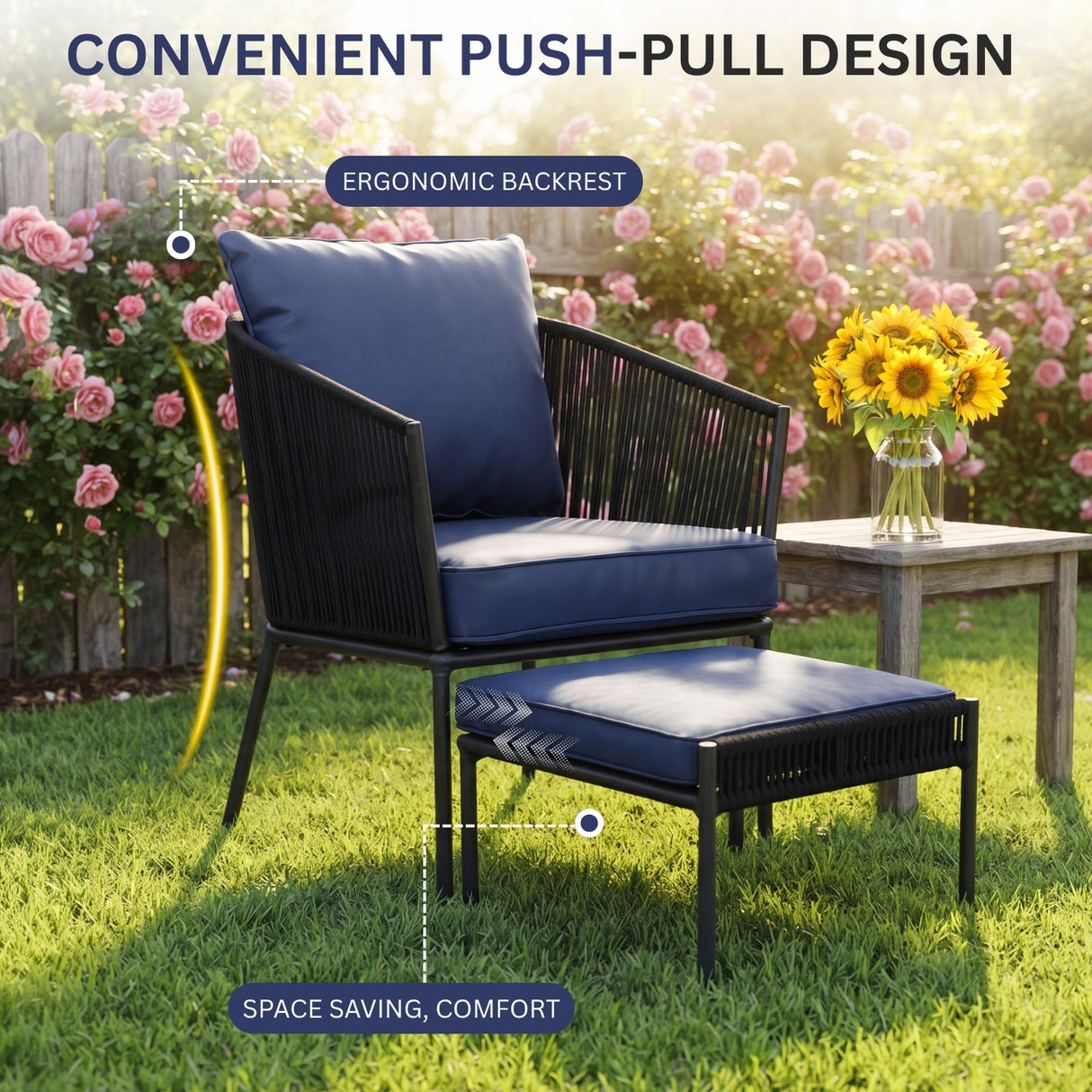 Outdoor 5 Piece Rope Patio Sofa Set (Black & Navy-Blue)