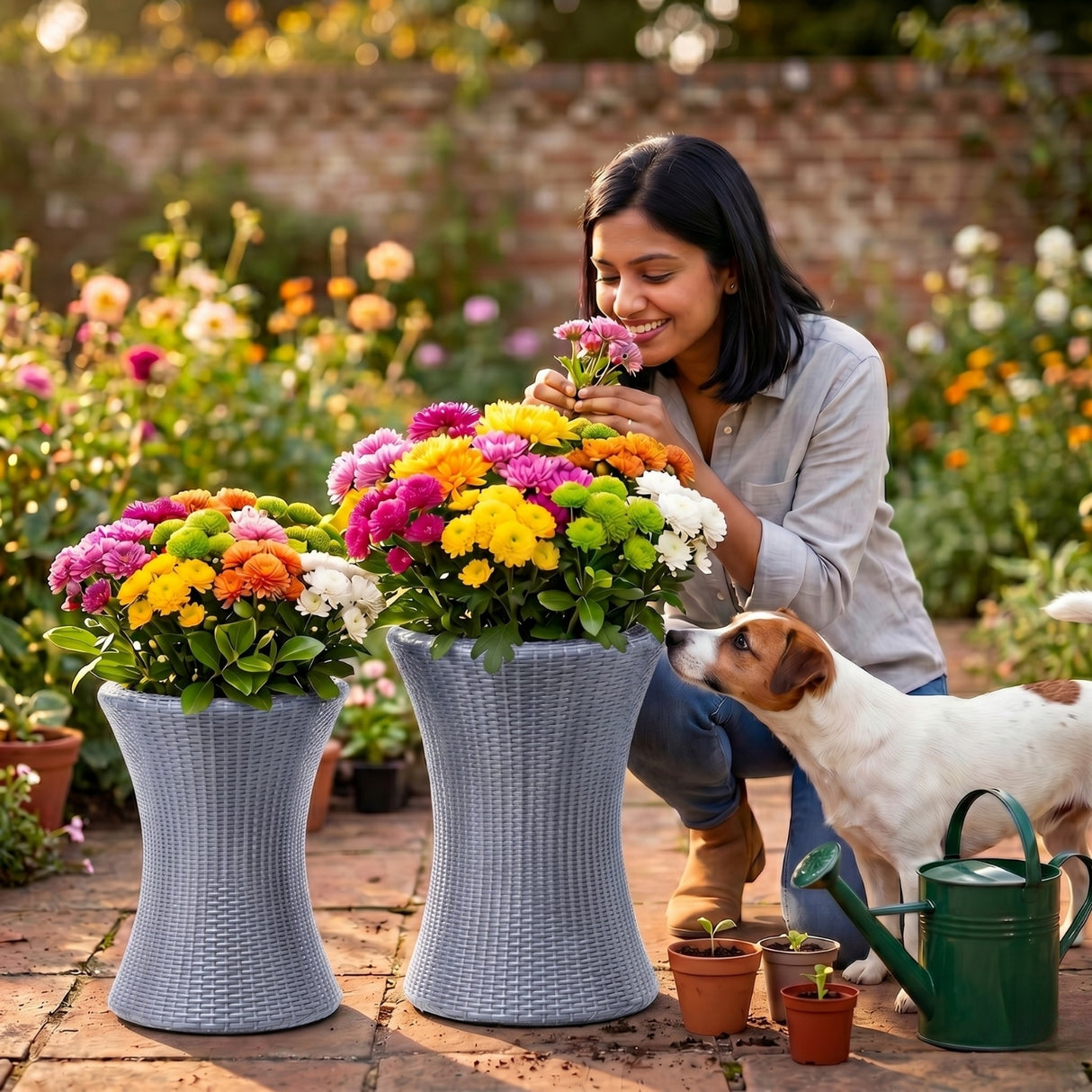 Outdoor Hourglass Design Set of 3 Wicker Planters (Silver Grey)