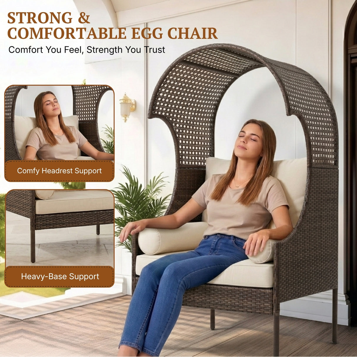 Outdoor Wicker Canopy Egg Chair with Cushions (Dark Brown & Cream)