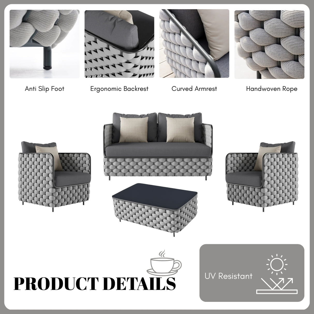 4 Piece Outdoor Rope Sofa Set with Glass Top Coffee Table (Light Grey & Dark Grey)