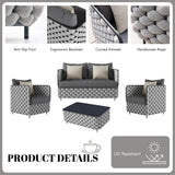 4 Piece Outdoor Rope Sofa Set with Glass Top Coffee Table (Light Grey & Dark Grey)