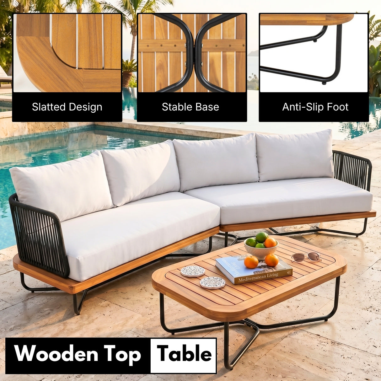 Outdoor Rope Sofa Set with Wooden Base & Teak Finish Coffee Table (Black & Off-White)
