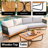 Outdoor Rope Sofa Set with Wooden Base & Teak Finish Coffee Table (Black & Off-White)