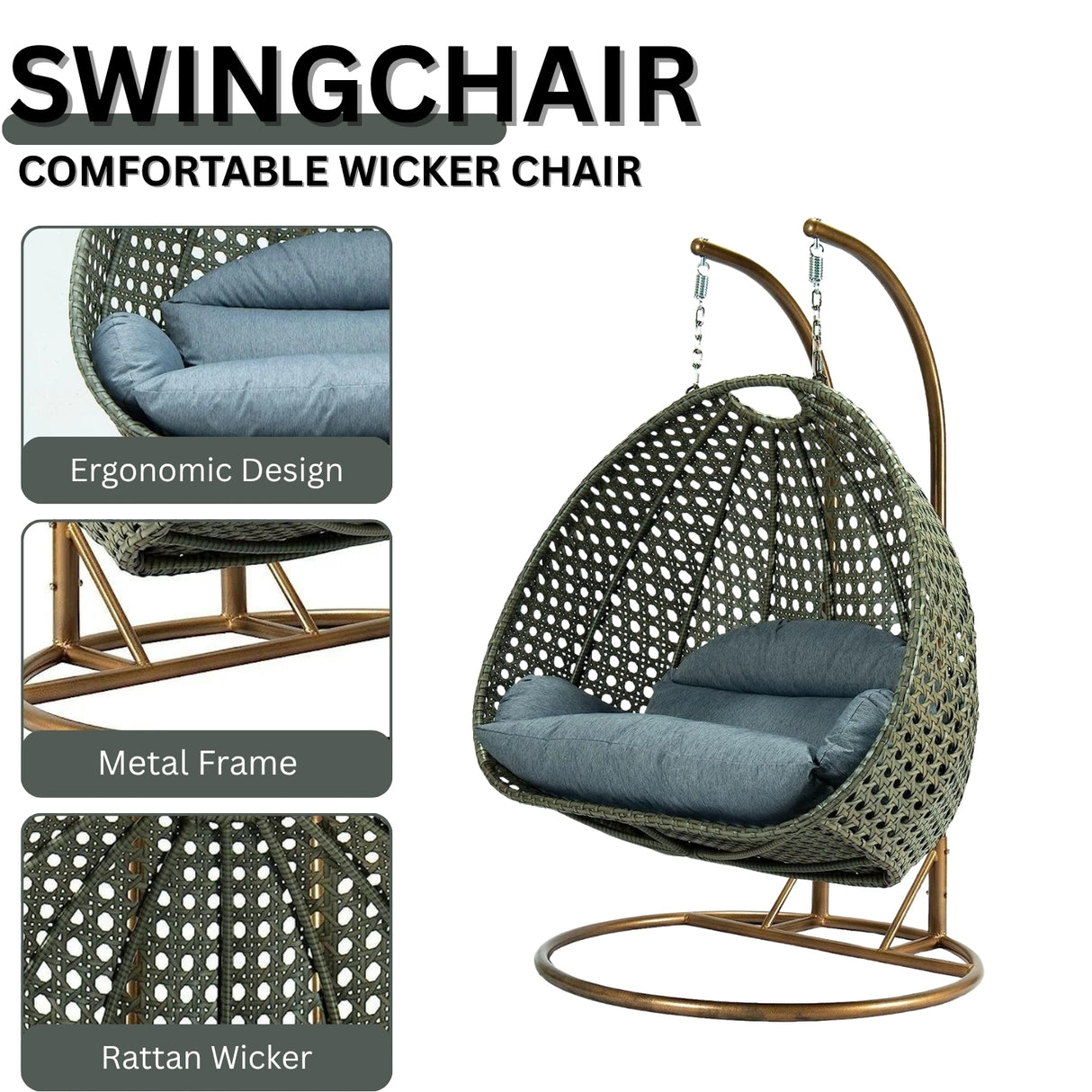 Double Seater Hanging Swing Chair (Dark Brown/Dark Grey)