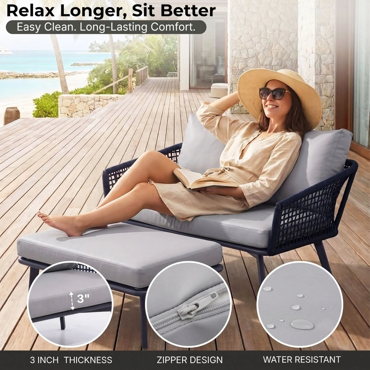 2-Piece Outdoor Rope Loveseat Sofa With Ottoman