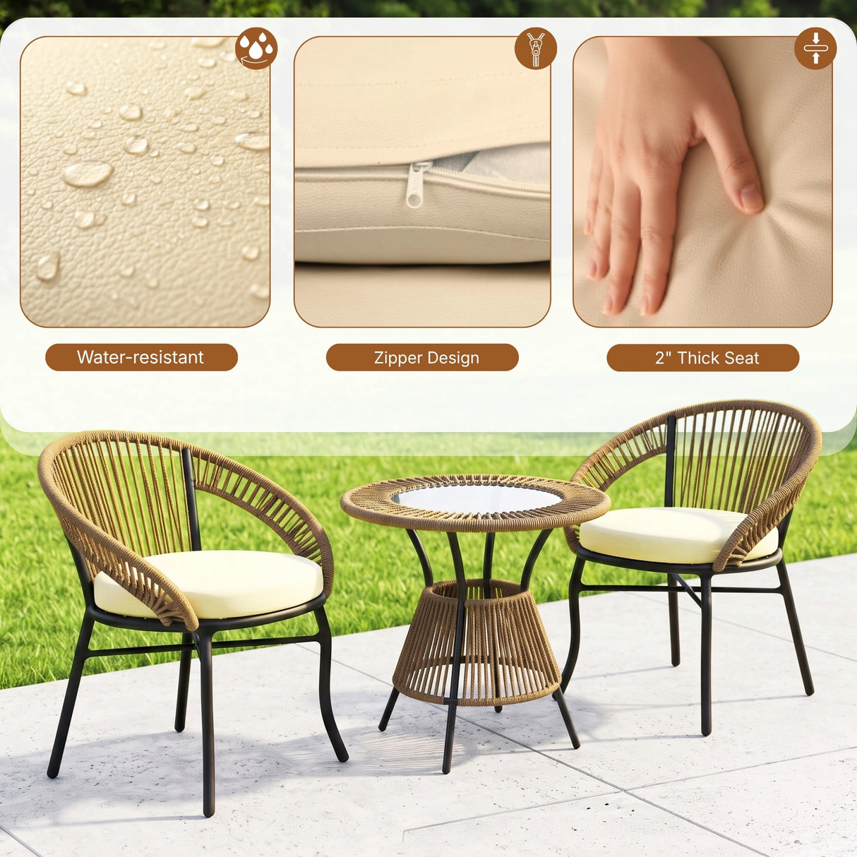 Outdoor Rope 3 Piece Patio Bistro Set (Beige & Cream)