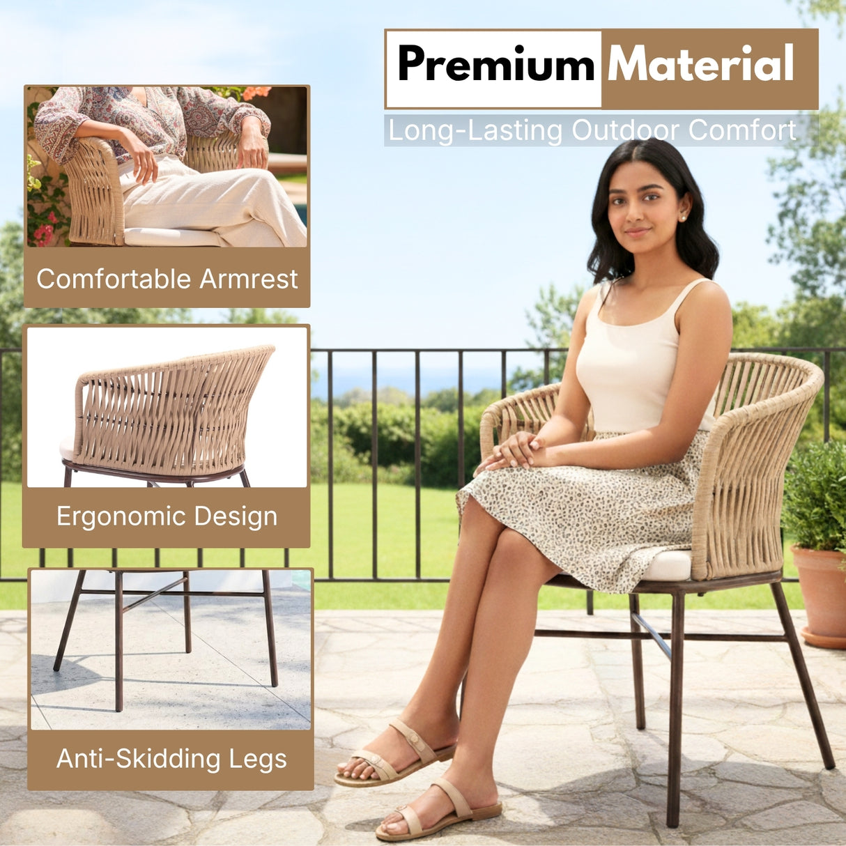Outdoor Rope Dining Chair with Cushion (Beige & White)