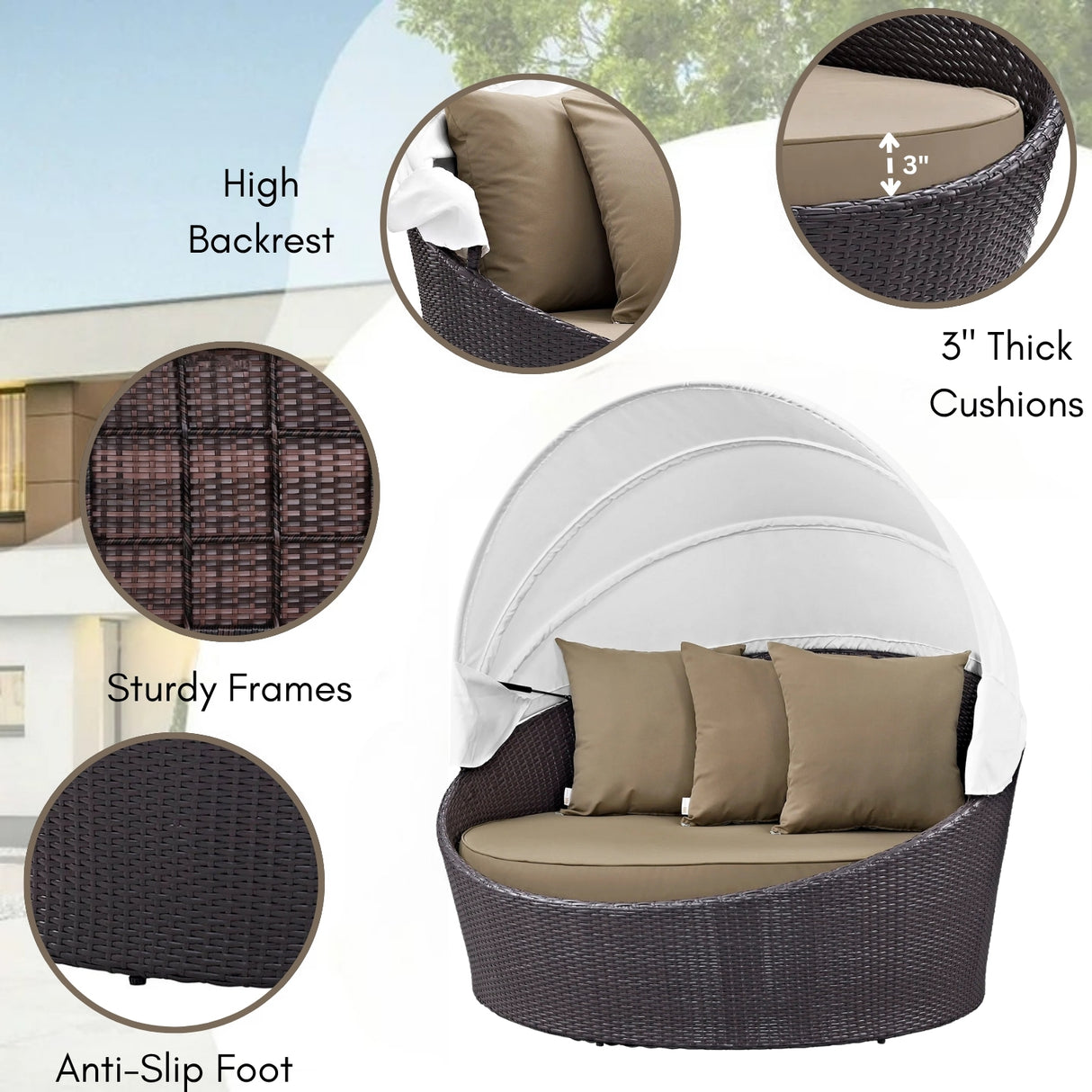 Outdoor Rattan Wicker Patio Daybed with Retractable Canopy