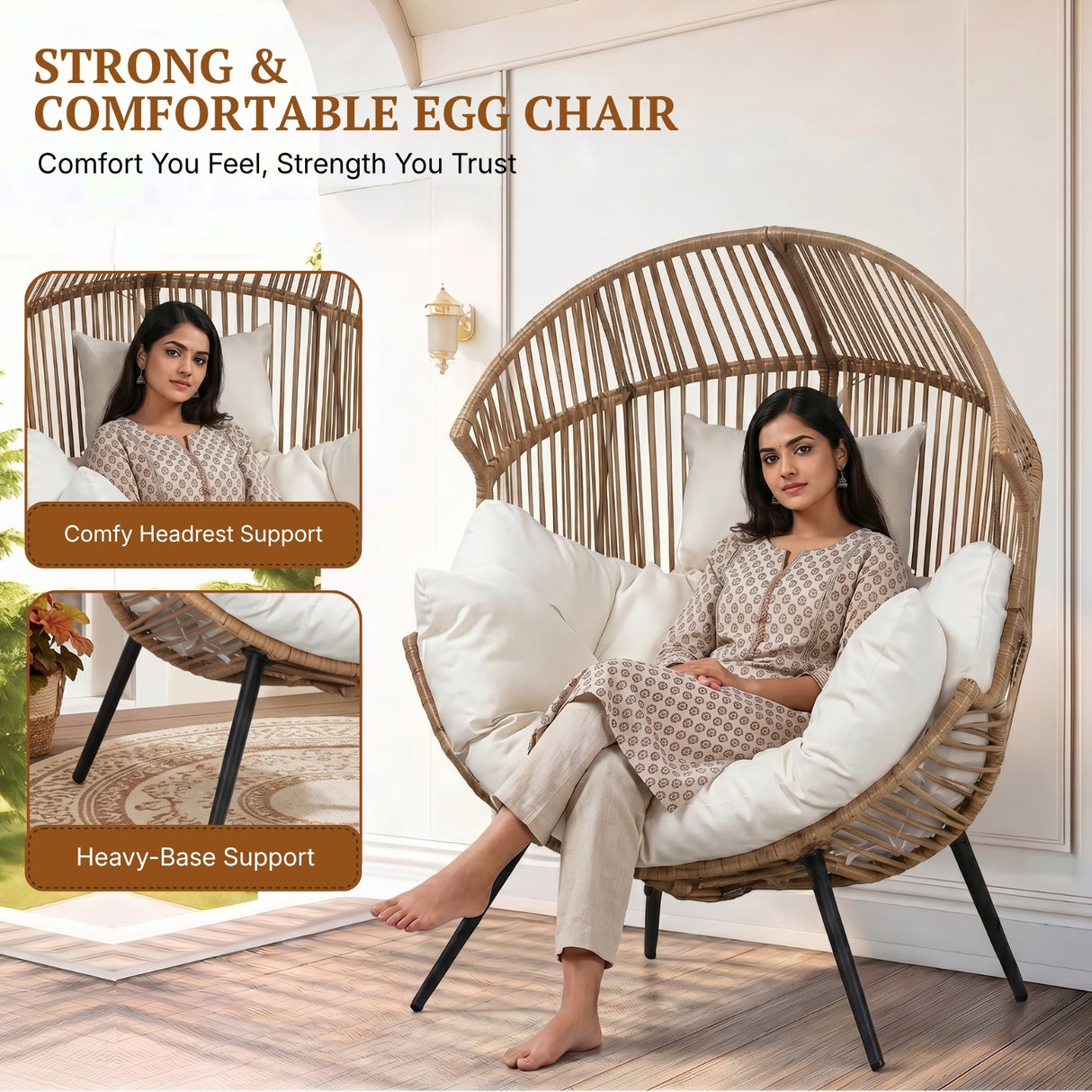 Outdoor Wicker Egg Chair with Plush Cushions (Beige & Off-White)