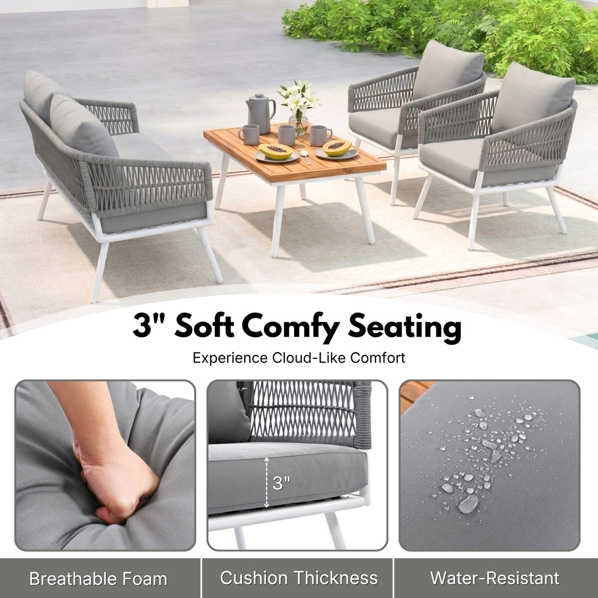 Outdoor Rope Sofa Set with Wooden Top Center Table (Grey)