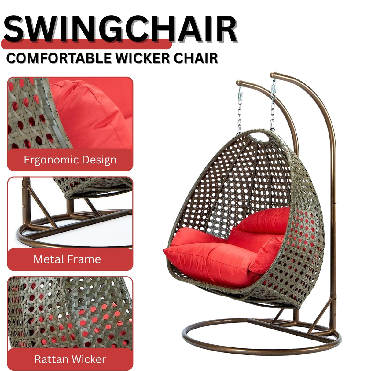 Double Seater Hanging Swing Chair (Dark Brown/Red)