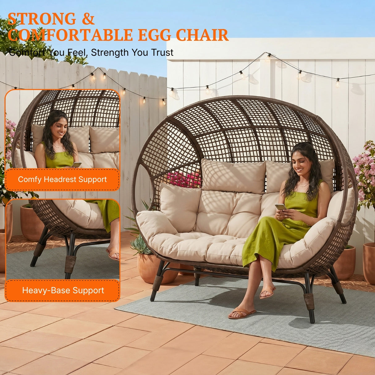 Outdoor Rattan Wicker Double Seater Egg Chair (Dark Brown & Cream)
