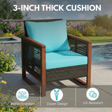 Outdoor Wicker 3-Piece Patio Furniture Set with Solid Wooden Frames (Dark Brown & Sky-Blue)