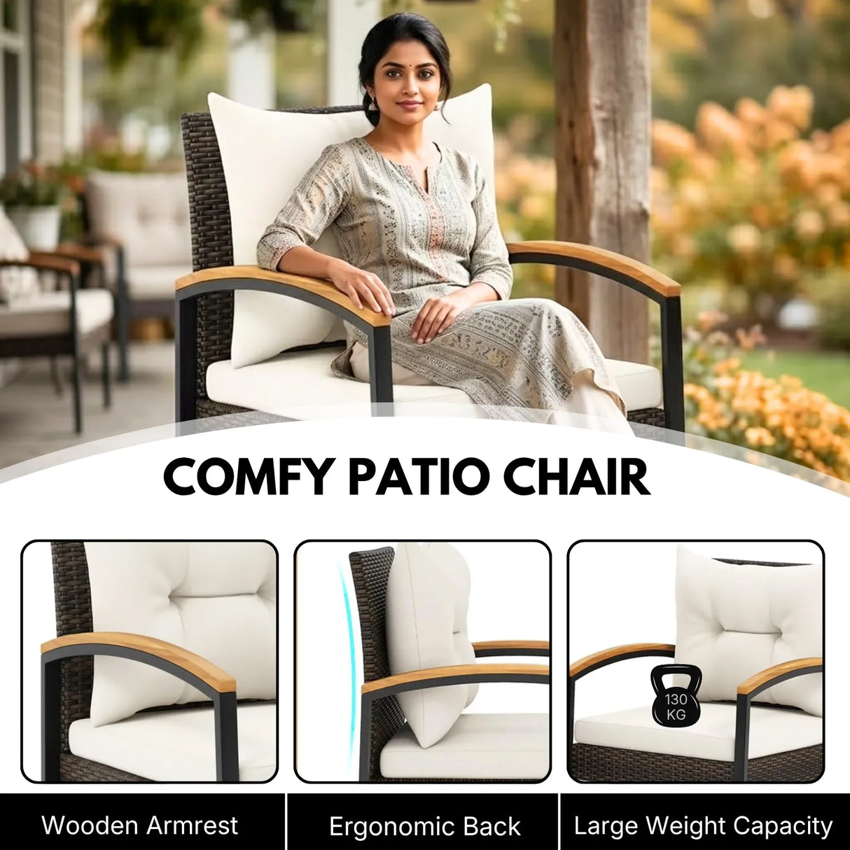 Outdoor Wicker Patio Chair Set with Wooden Armrests & Table