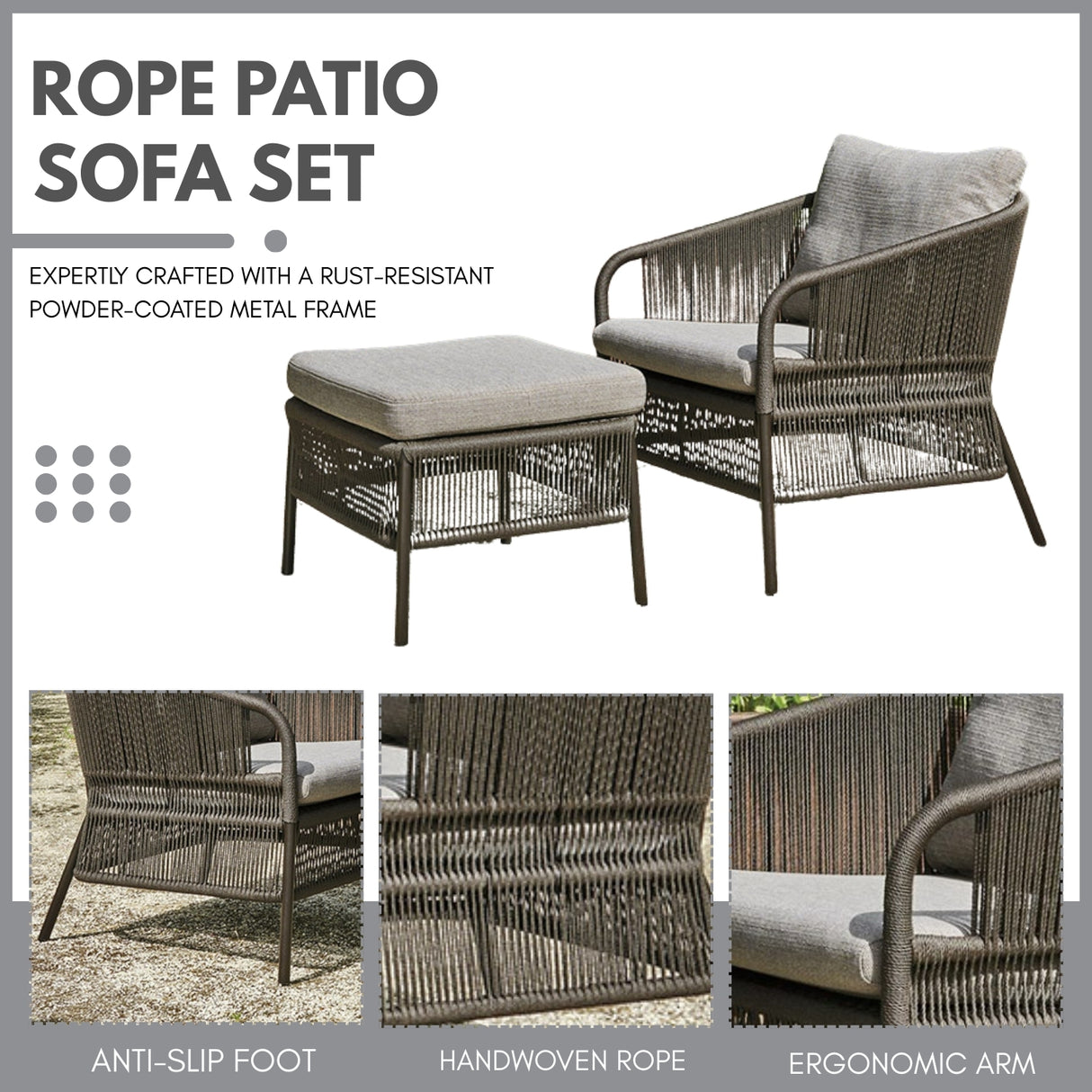 Outdoor 2 Piece Rope Patio Sofa Set (Grey)
