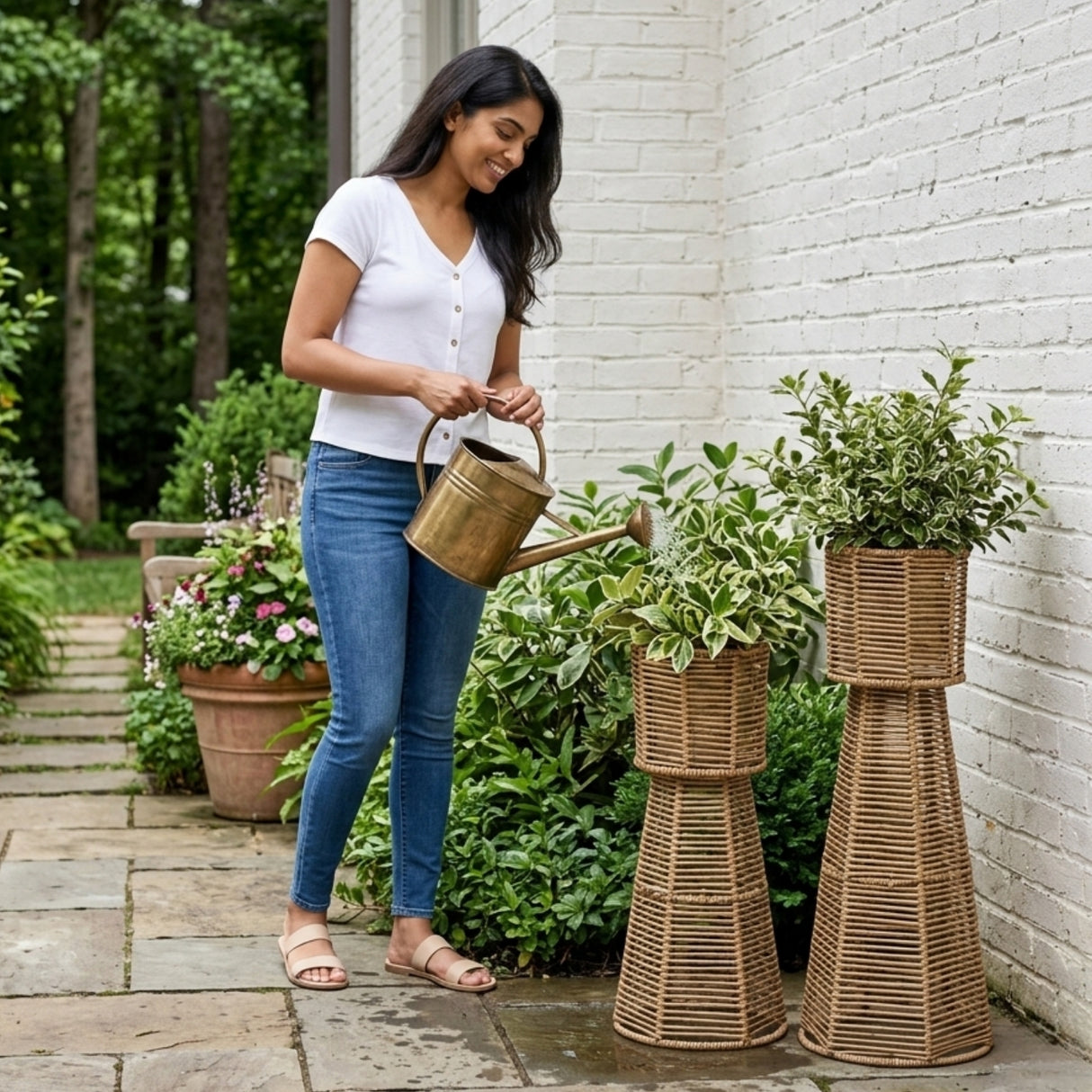 Outdoor Wicker Planter Stand Set of 2 (Beige)