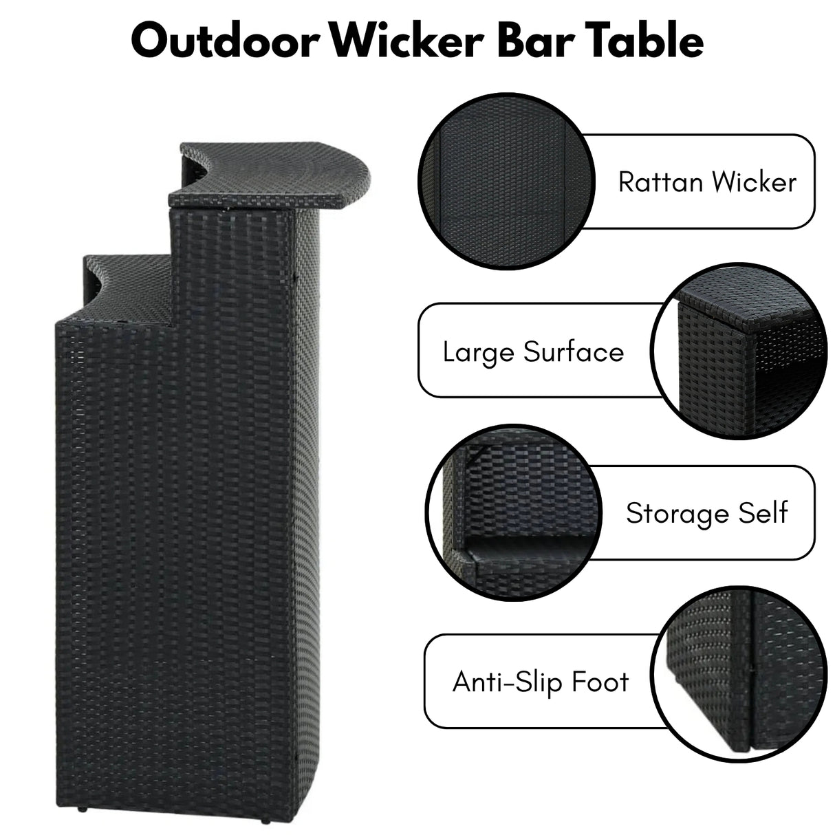 Outdoor Rattan Wicker Bar Table With a High-Top Design & Integrated Storage Shelf