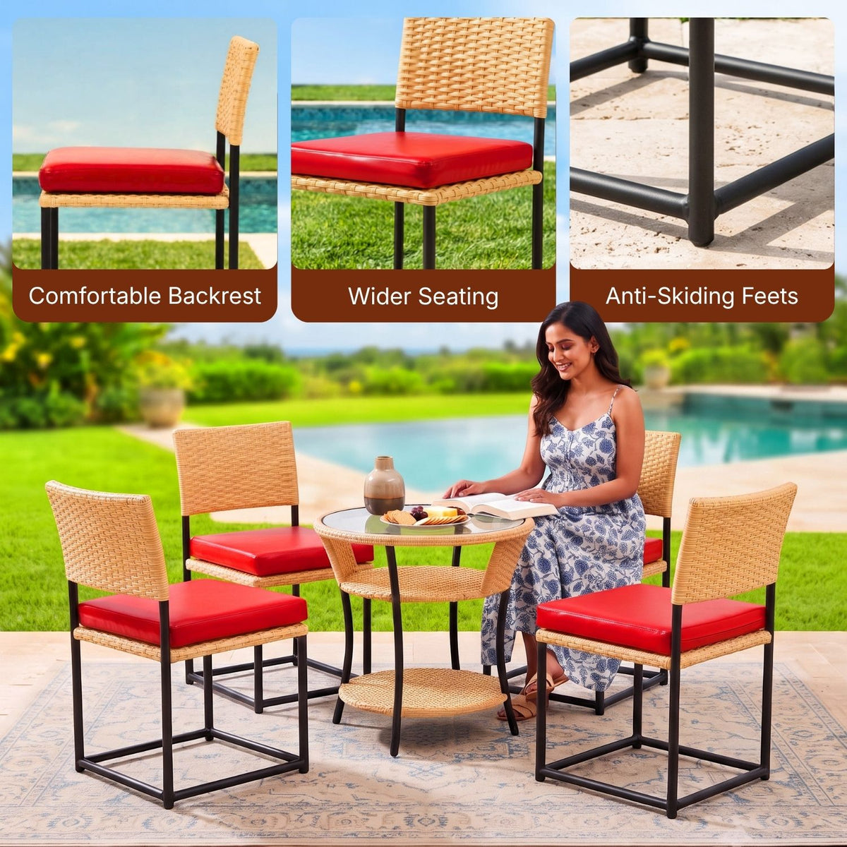 5-Piece Outdoor Wicker Patio Furniture Set (Beige & Red)