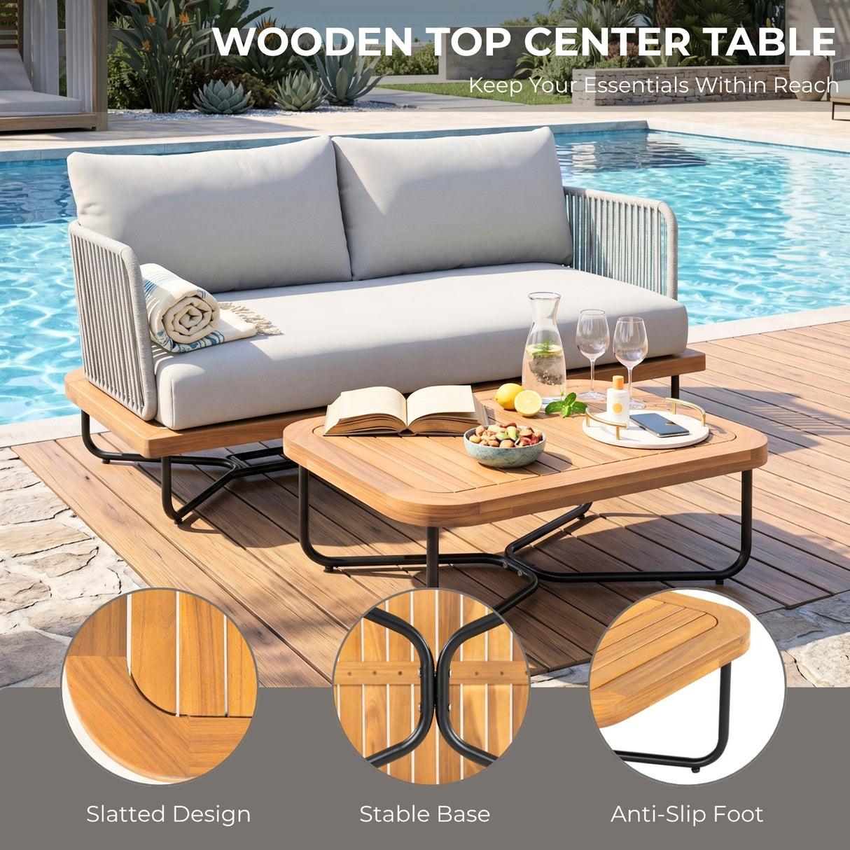 Outdoor Rope 2-Seater Sofa Set with Wooden Base & Slatted Wooden Coffee Table