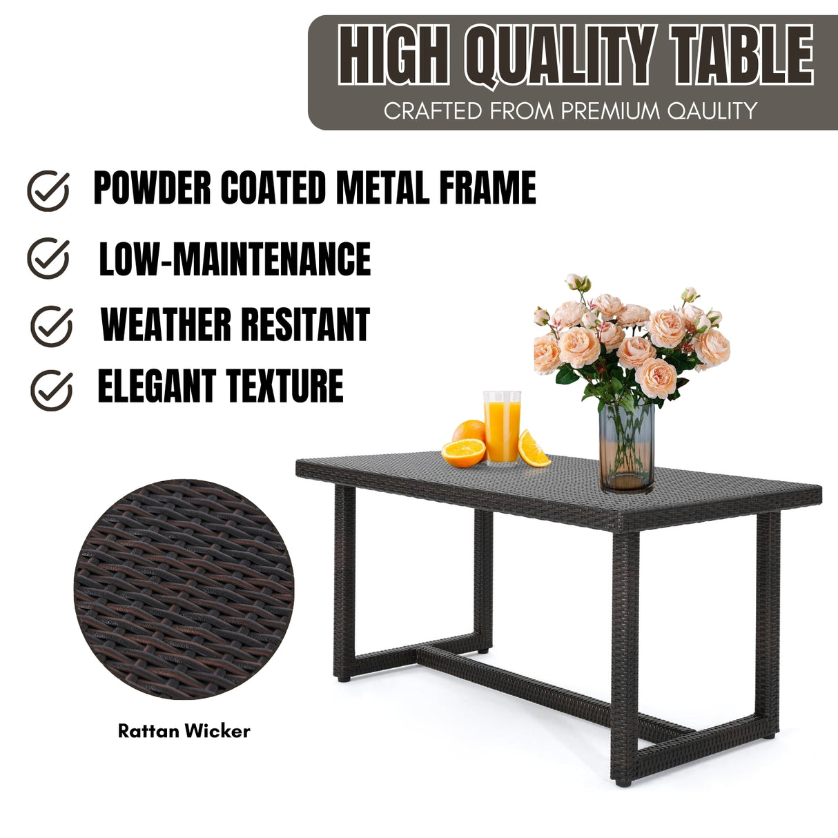 Outdoor Rattan Wicker Patio Table (Dark Brown)