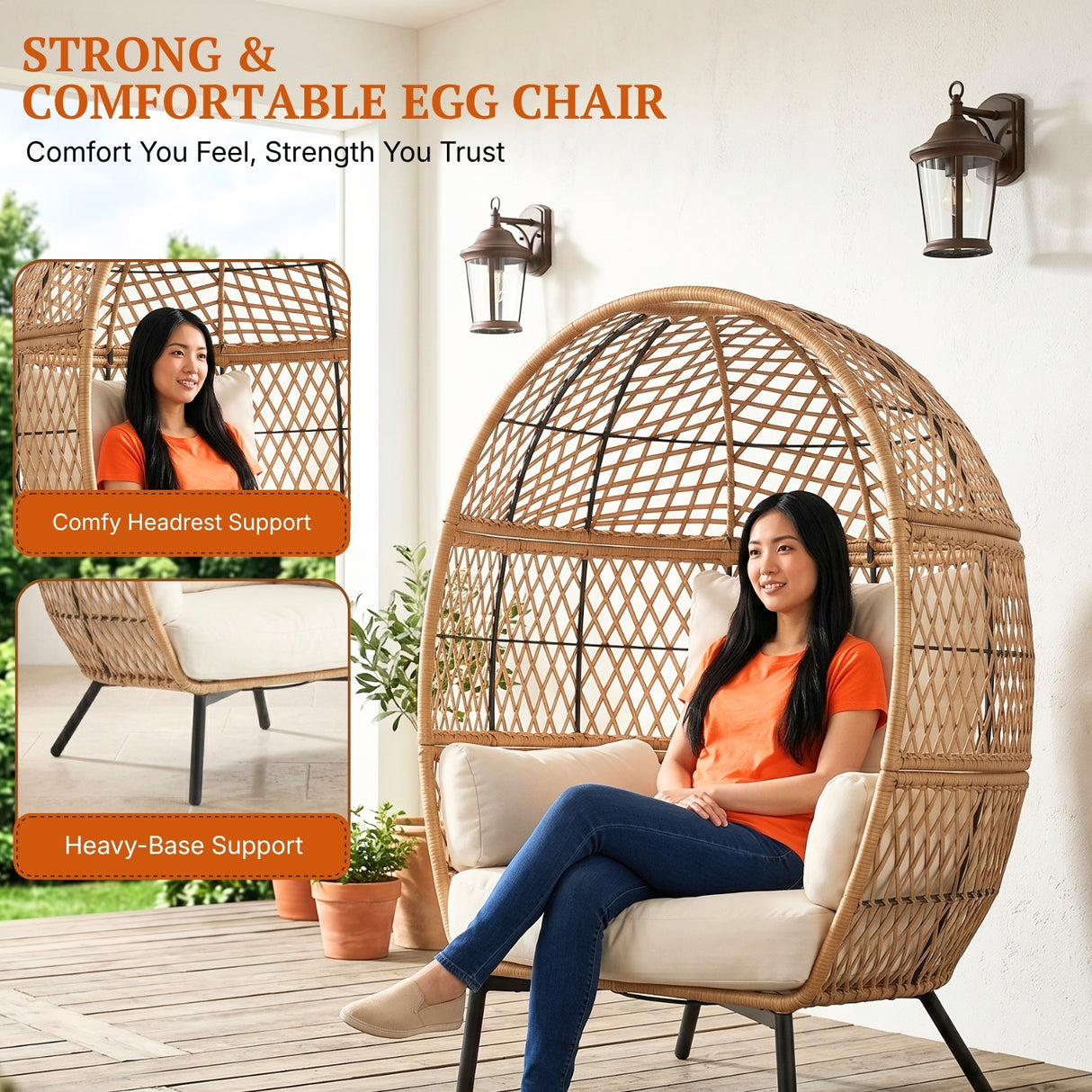 Outdoor Beige Rattan Wicker Lounge Egg Chair