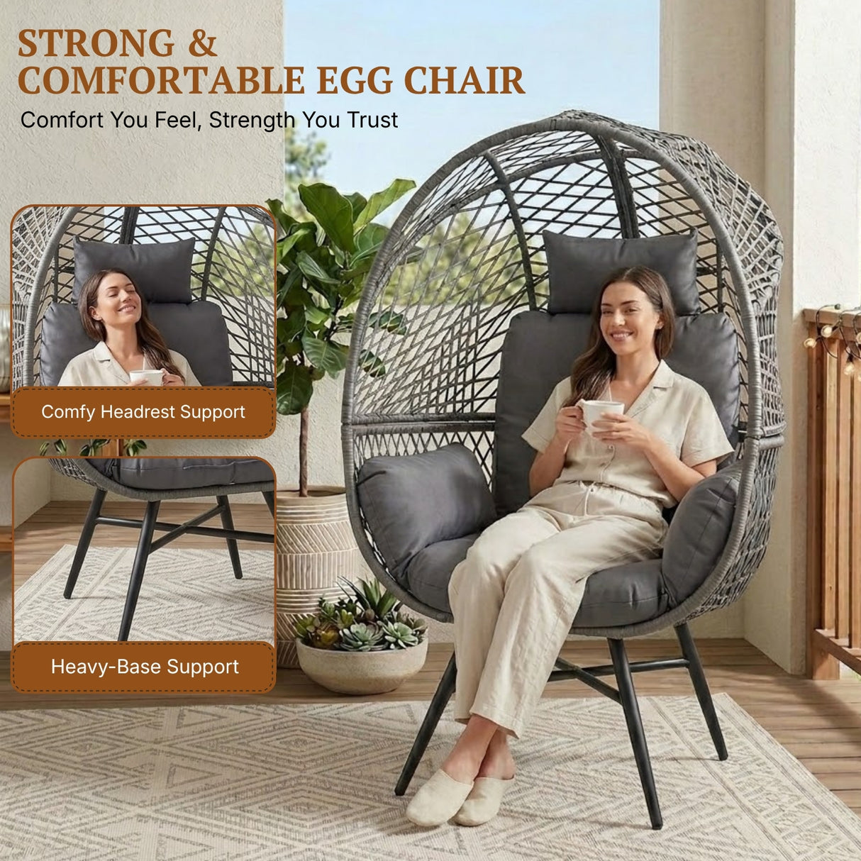 Outdoor Wicker Egg Chair with Glass Top Side Table (Silver Grey & Dark Grey)