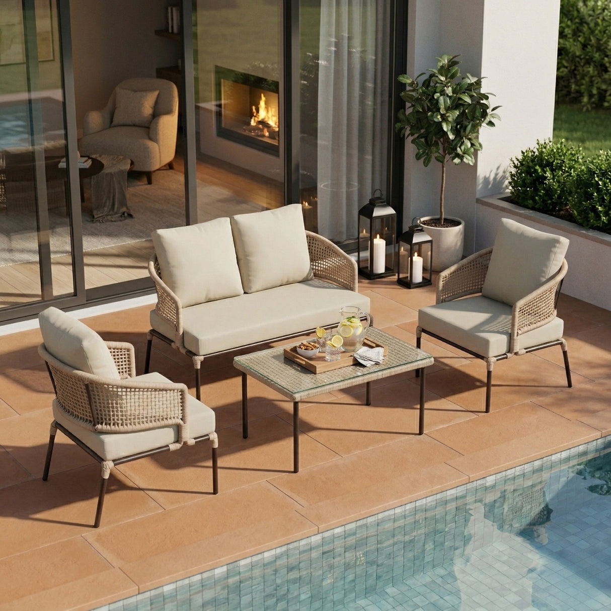 All-Weather Patio Rope Sofa Set with Glass Top Coffee Table