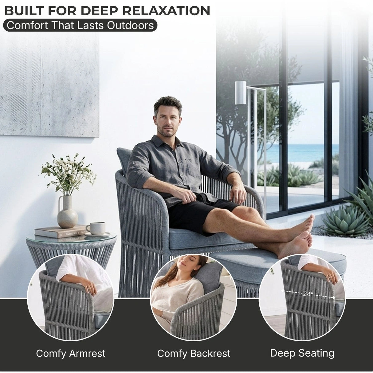 Outdoor 3 Piece Rope Patio Sofa Set (Grey)
