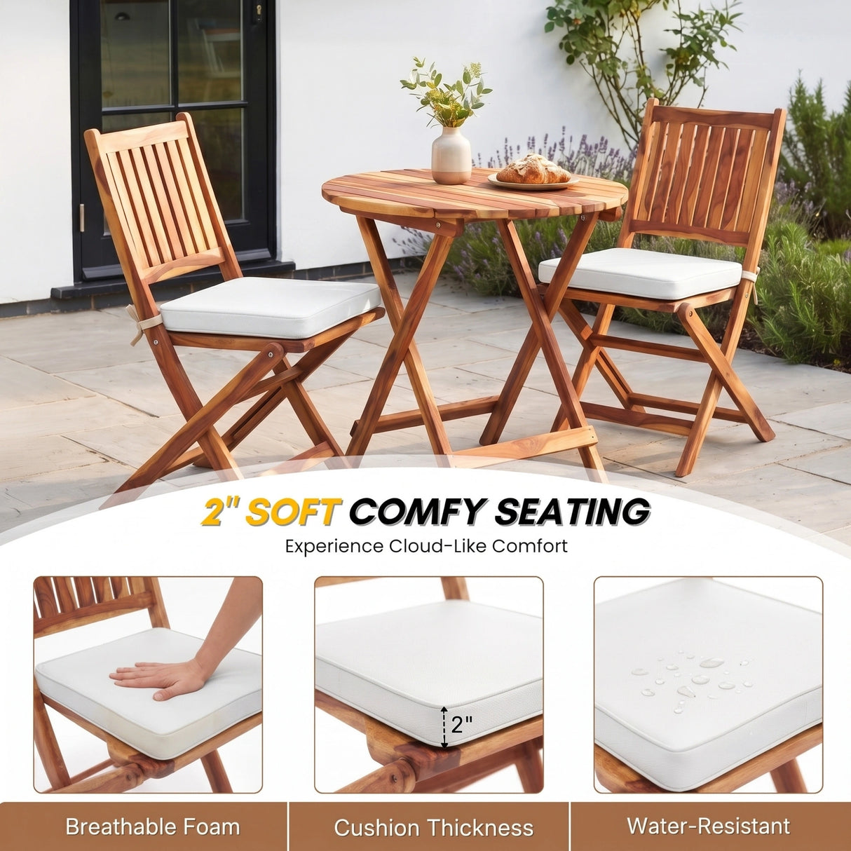 Acacia Wood Foldable Outdoor Bistro Set – 2 Chairs & Round Table