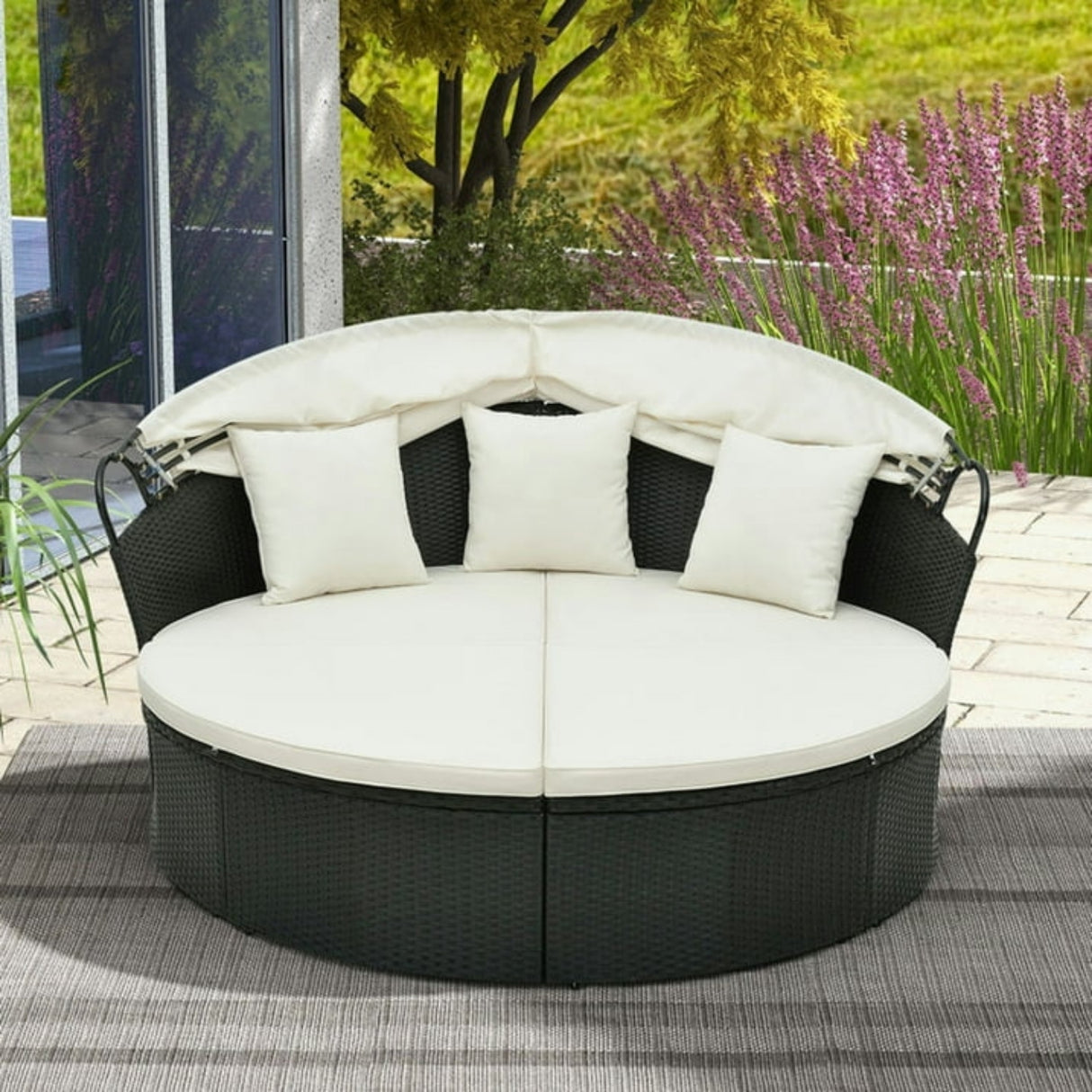 Outdoor Round Canopy Daybed Wicker Patio Furniture Set with Cushions