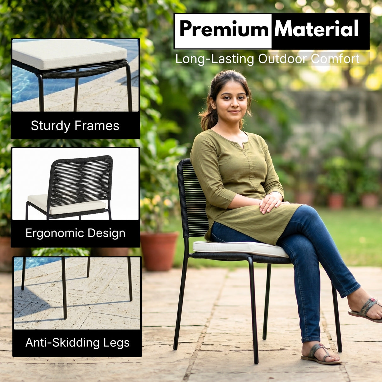 Outdoor Rope Dining Chair with Cushion (Black & White)