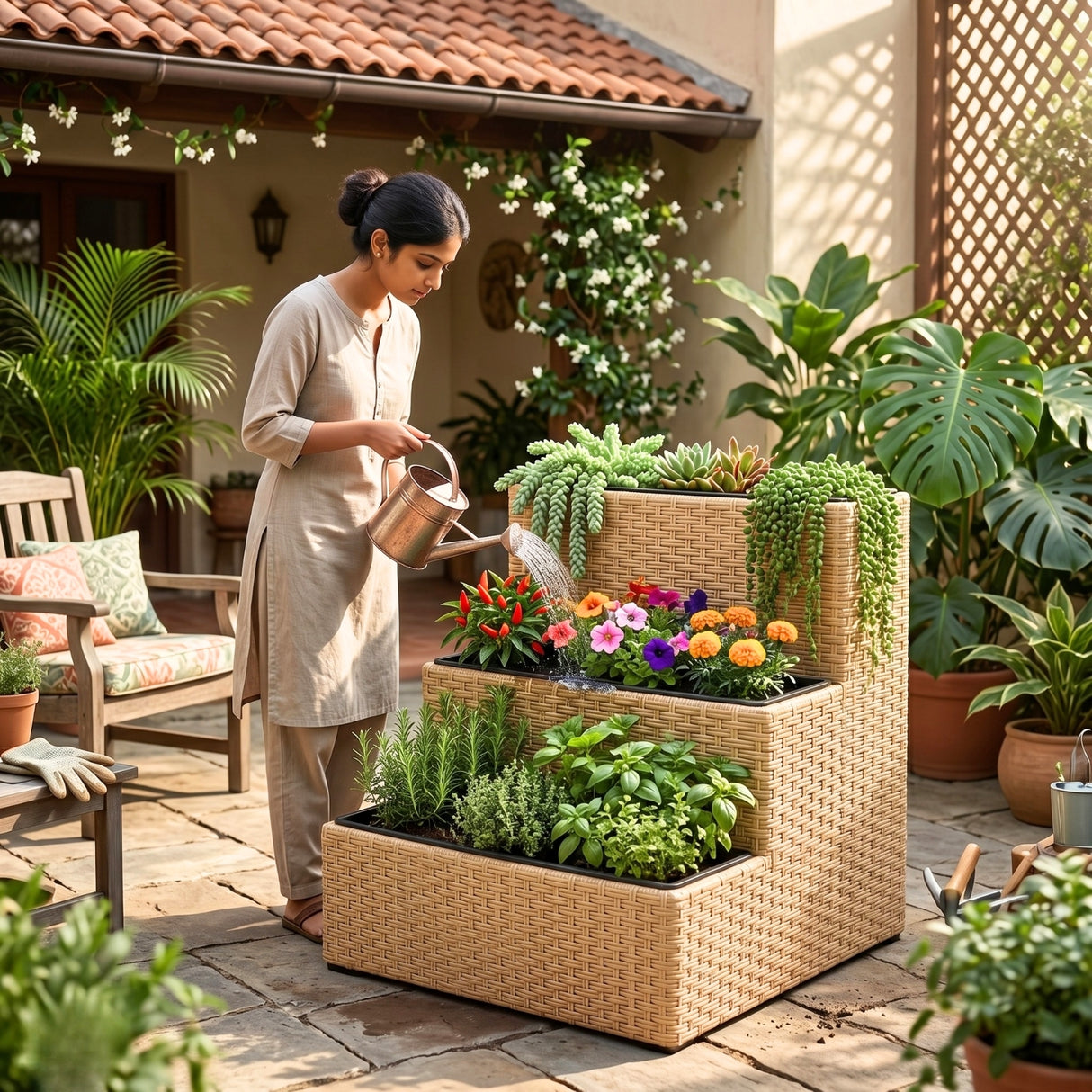 Outdoor 3-Tier Wicker Raised Planter Stand (Beige)