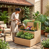 Outdoor 3-Tier Wicker Raised Planter Stand (Beige)