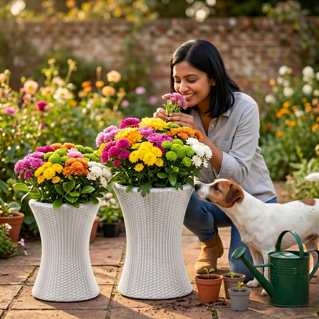 Outdoor Hourglass Design Set of 3 Wicker Planters (White)