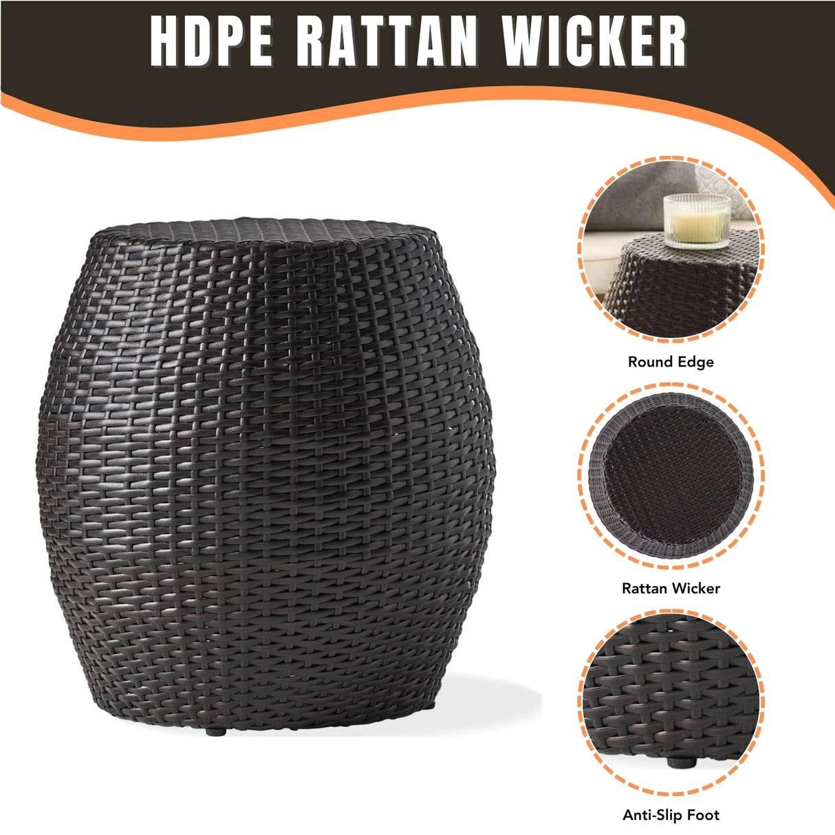 Dark Brown Rattan Damru Accent Table for Patio