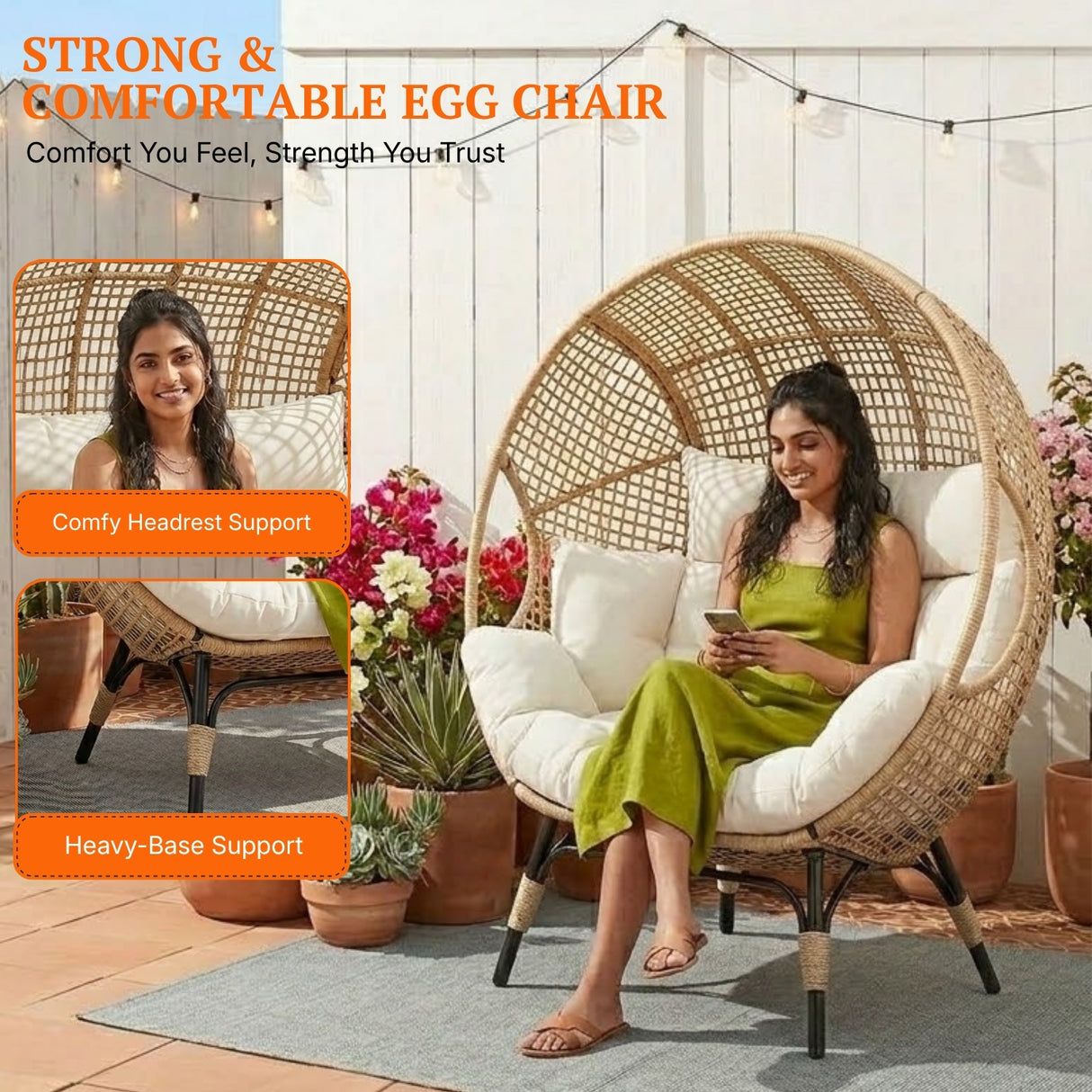Outdoor Rattan Wicker Double Seater Egg Chair (Beige & Cream)