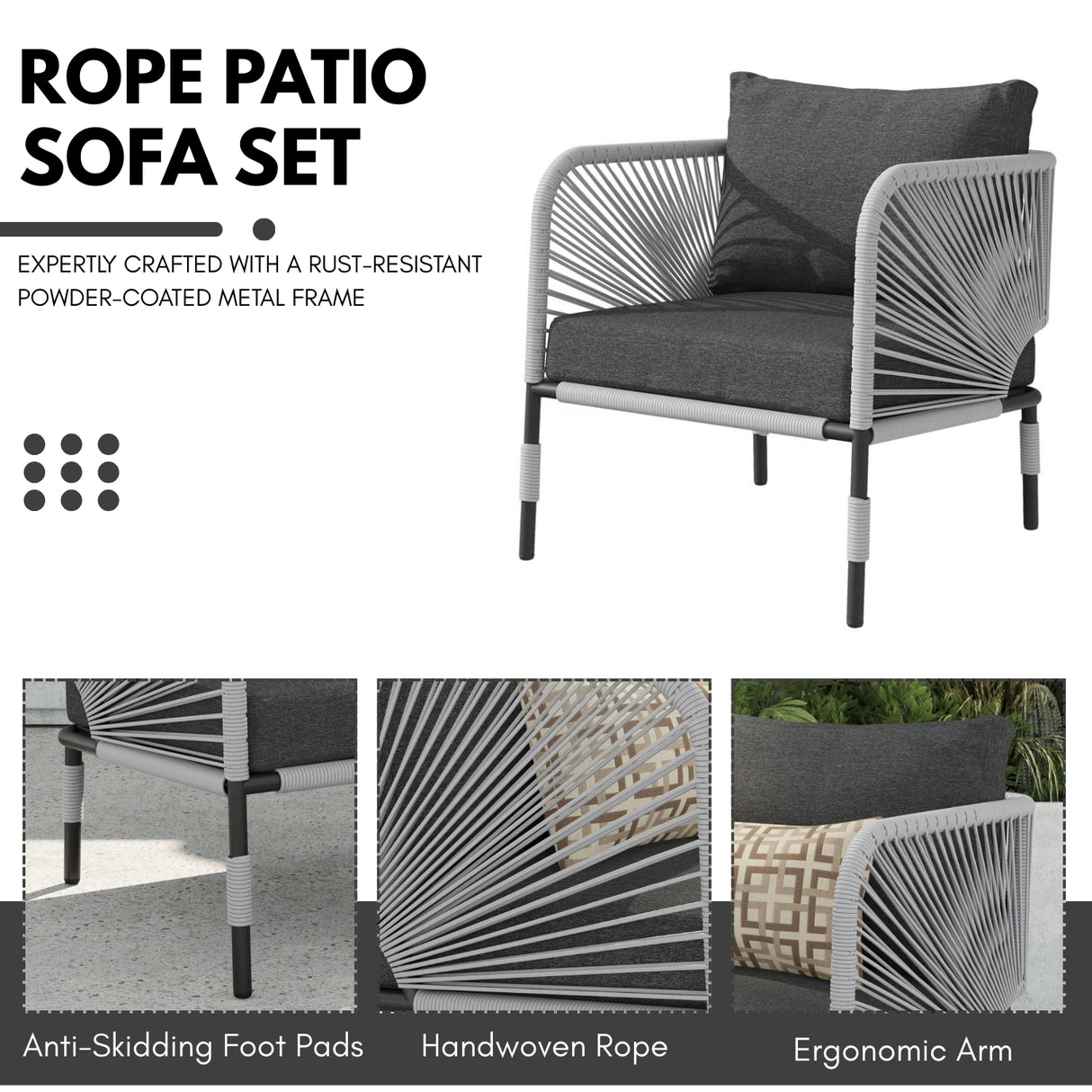 Outdoor Rope 5-Seater Sofa Set With Glass Top Table