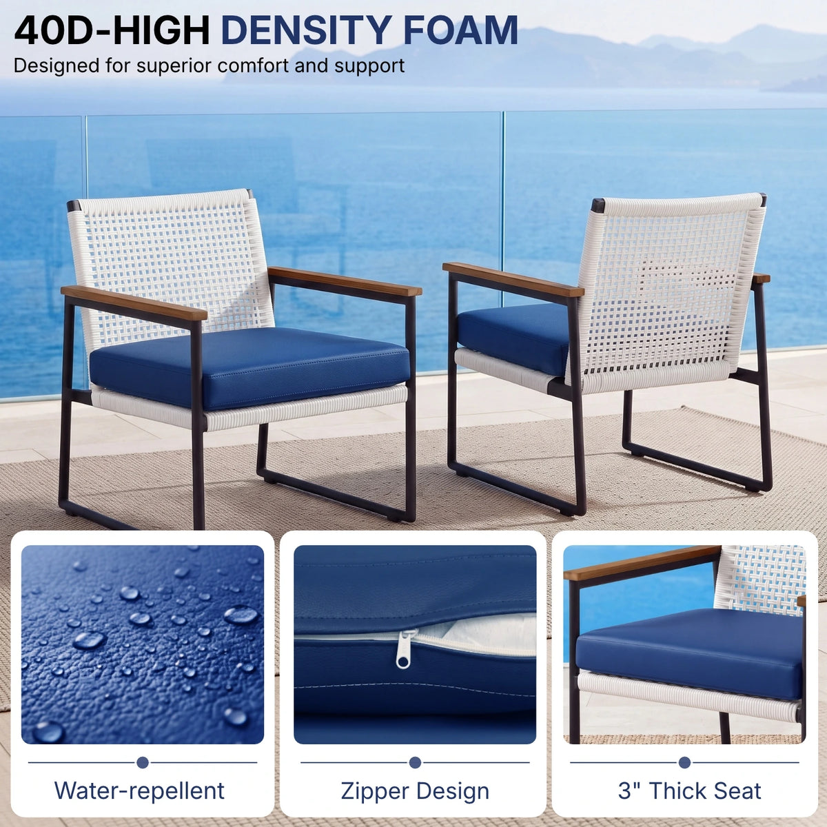 Outdoor 3-Piece Wicker Patio Set(White & Navy Blue)