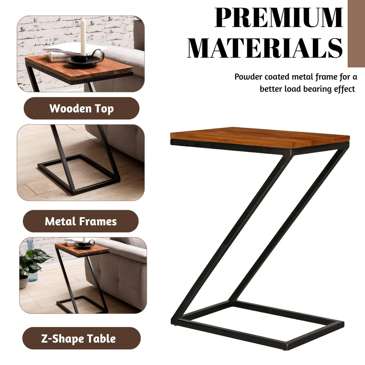 Solid Sheesham Wood Bedside Z-Shape Corner Side Small Coffee Table