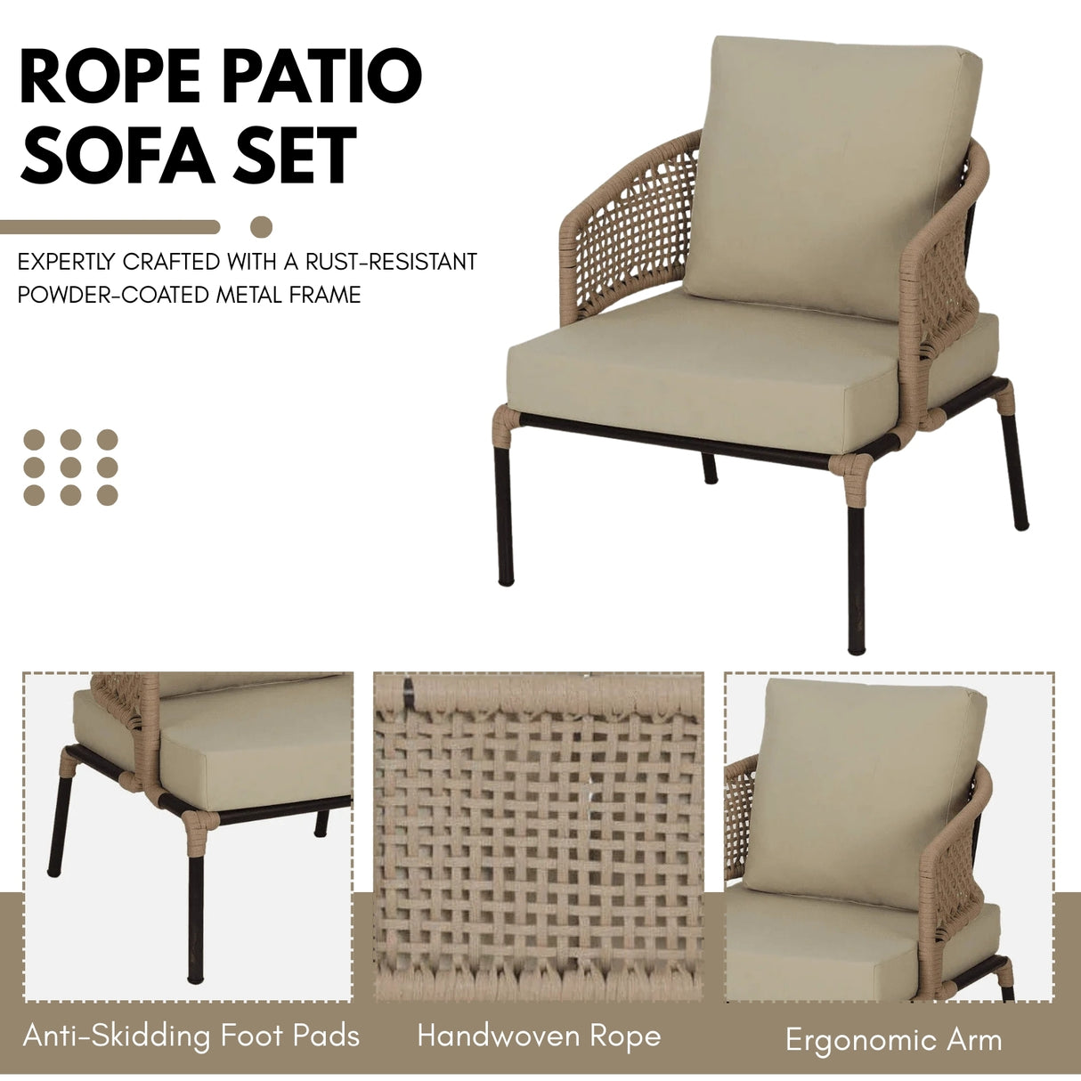 All-Weather Patio Rope Sofa Set with Glass Top Coffee Table