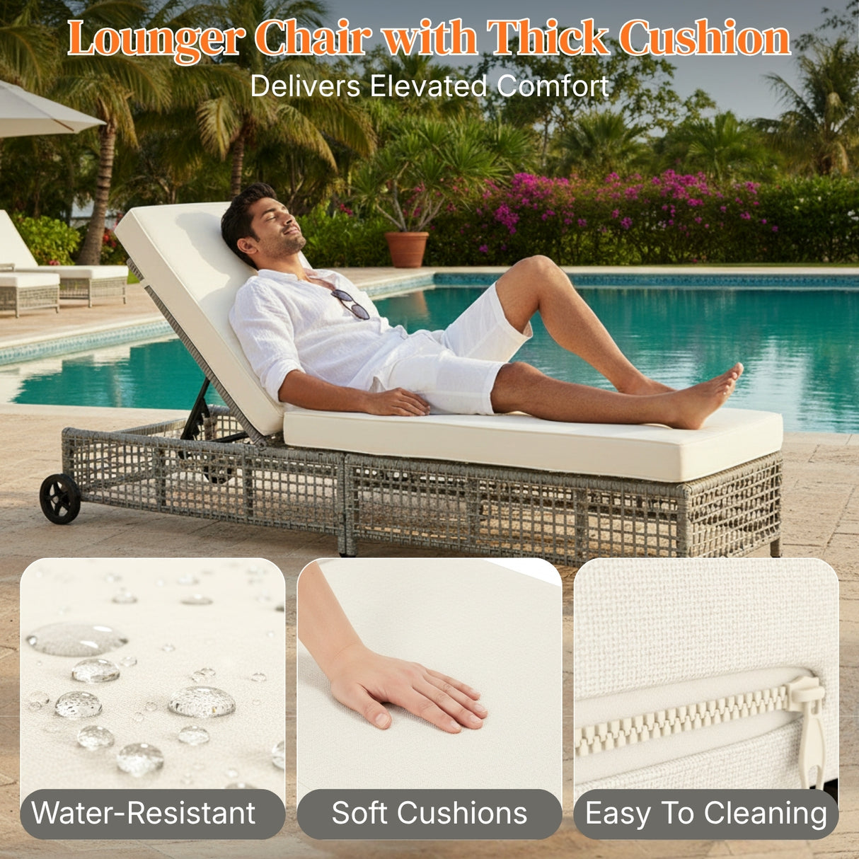 Outdoor Wicker Rattan Lounger Set of 2 with Patio Umbrella (Silver Grey & Off-White)